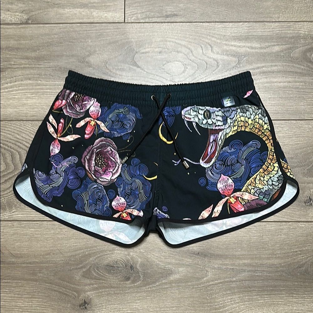 Along 1.5” Men’s Classic Black Floral Snake Lined Swim‎ Shorts Size Large